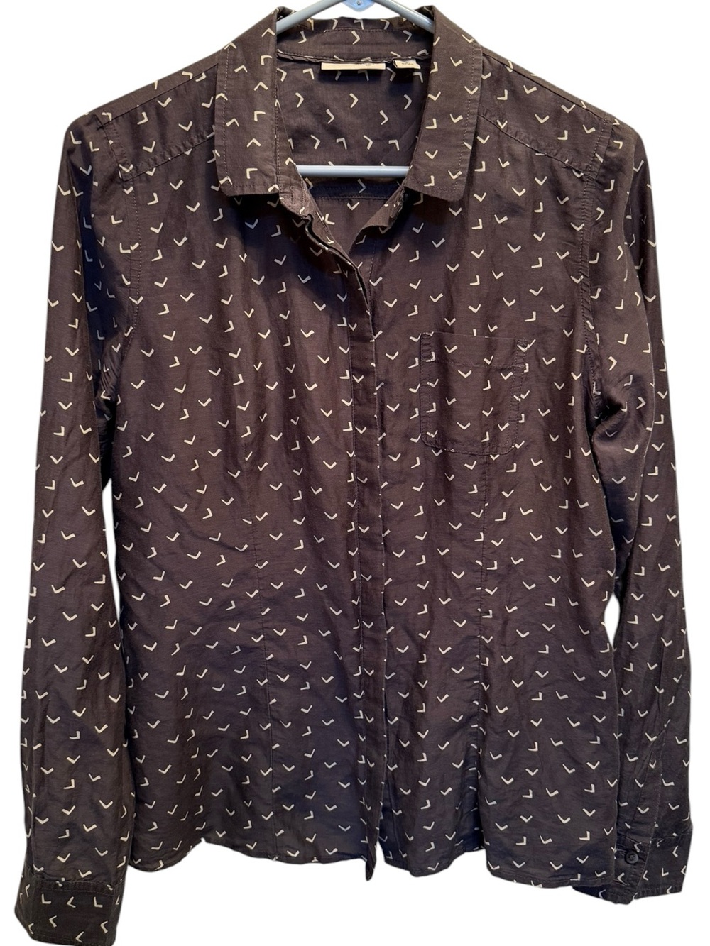 Halogen Charcoal Grey Cotton & Silk Blend Shirt with White Chevron Print